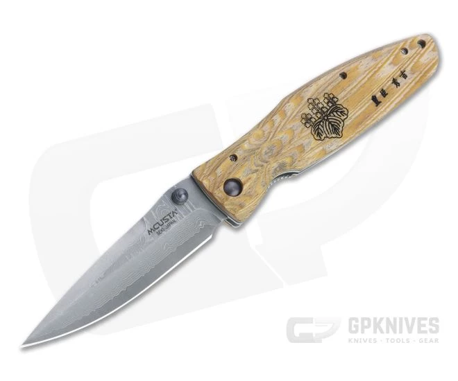 MCusta Sengoku Toyotomi Hideyoshi San Mai Damascus Yellow Pakka Wood Liner Lock Folder 0182D 3 MCusta Sengoku Toyotomi Hideyoshi San Mai Damascus Yellow Pakka Wood Liner Lock Folder 0182D