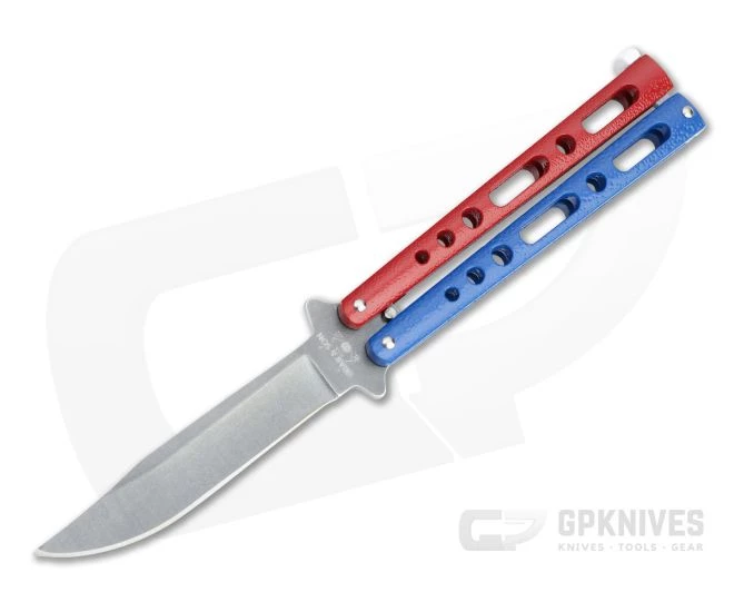 Bear and Son Cutlery Stonewashed Clip Point Red, White & Blue Butterfly Knife 117RWBSW 3 Bear and Son Cutlery Stonewashed Clip Point Red, White & Blue Butterfly Knife 117RWBSW