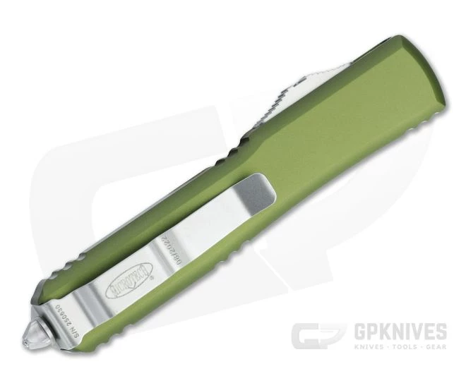 Microtech Ultratech D/E Satin Part Serrated M390 Double Edge OD Green OTF Automatic 122-5OD 4 Microtech Ultratech D/E Satin Part Serrated M390 Double Edge OD Green OTF Automatic 122-5OD - Image 2