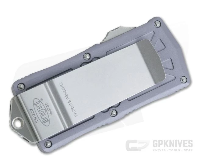 Microtech Exocet Gray Handle Stonewashed 204P Plain Double Edge CA Legal OTF Auto 157-10GY 5 Microtech Exocet Gray Handle Stonewashed 204P Plain Double Edge CA Legal OTF Auto 157-10GY - Image 3