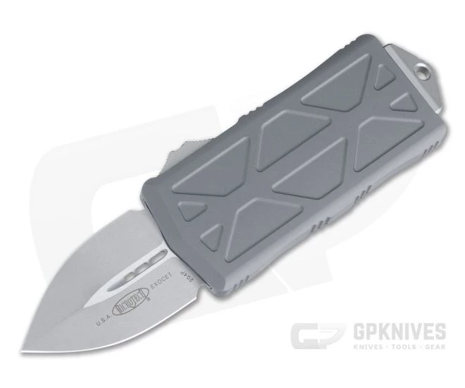 Microtech Exocet Gray Handle Stonewashed 204P Plain Double Edge CA Legal OTF Auto 157-10GY 4 Microtech Exocet Gray Handle Stonewashed 204P Plain Double Edge CA Legal OTF Auto 157-10GY - Image 2