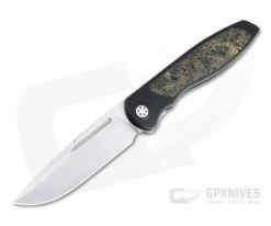 Sharp By Design Mini Tempest Drop Point Satin M390 Gold Dark Matter FatCarbon PVD Front Flipper Knife